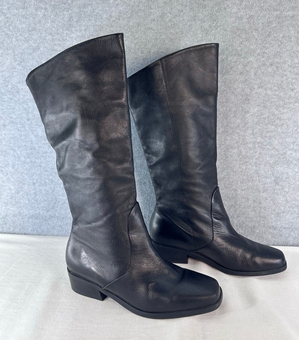 VTG Laura Scott Womens 6 Black Soft Leather Block Heel Square Toe Mid Calf Boot
